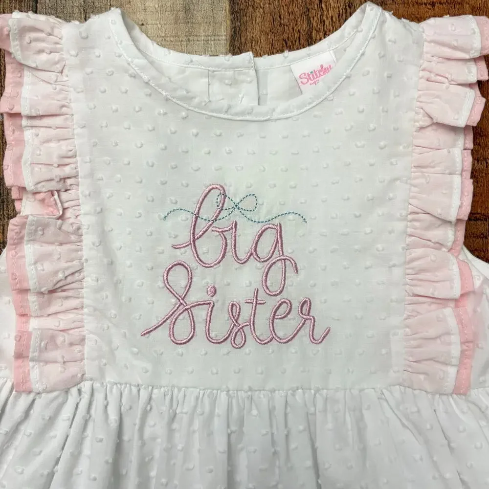 Stitchy Fish Big Sister Dress White Pink Ruffle Bow Girls Multiple Sizes Avail.